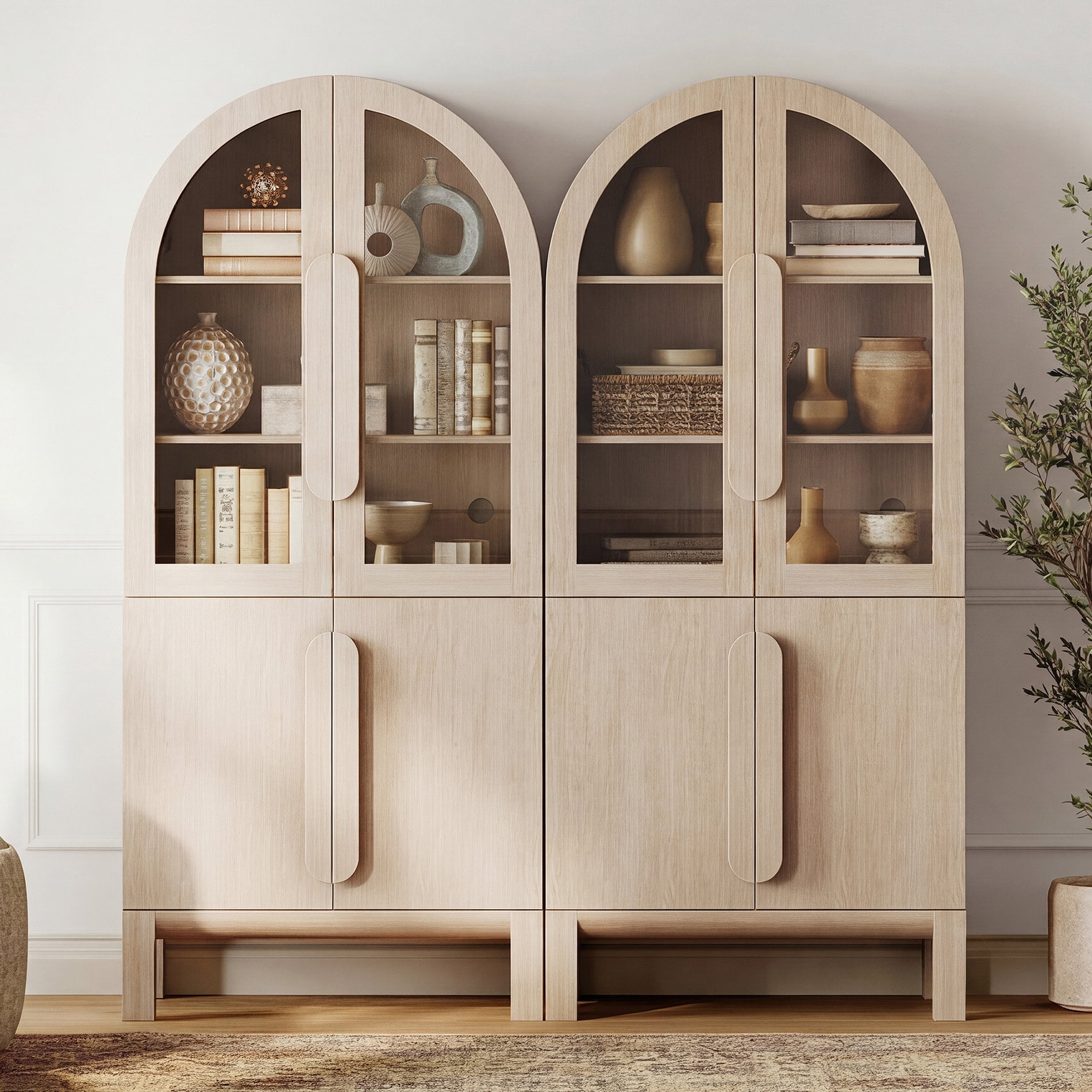 71"H Arched Bookshelf Set of 2, Modern 3 Tier Bookcase with Cabinet, Wooden Display Cabinet with Glass Doors and Adjustable Shelves, Versatile Bookshelf for Living Room, Study, Office