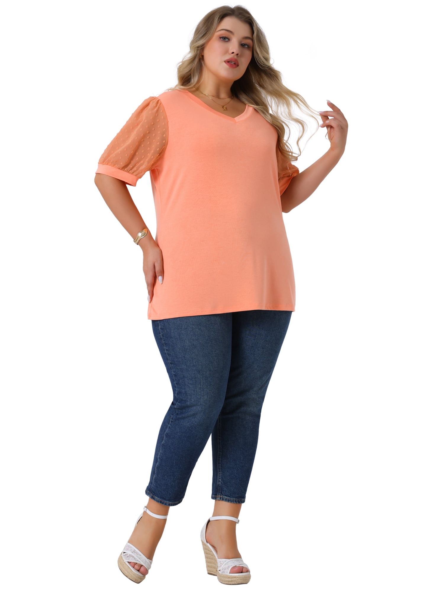 Women's Plus Tops V Neck Swiss Dots Puff Sleeve Casual Blouse Shirt 1X Orange