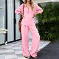 thumbnail image 6 of Women Lounge Sets 2 Piece Cotton Linen Outfits Summer Casual Long Sleeve V Neck Pullover Top Wide Leg Pants Matching Sets Trendy Clothes Going Out Suits for Womens Pink XL, 6 of 8