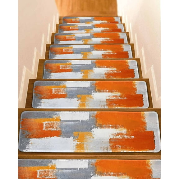 Burnt Orange Grey Stair Treads for Wooden Steps Indoor Runner Rug Carpet, Modern Oil Painted Geometric Abstract 10 Pieces Peel and Stick Staircase Step Treads Covers Washable Throw Door Mats, 30"x8"