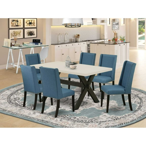 East West Furniture X626FL121-7 7-Piece Awesome a Good Linen White Dining Table Top and 6 Attractive Linen Fabric Padded Parson Chairs with Nail Heads and Stylish Chair Back, Wire Brushed Black...