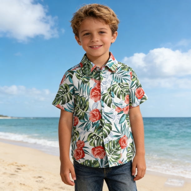 Conjuntos de solapa de manga corta para niños pequeños, moda para niños, blusa de manga corta, pantalones cortos con flores, camisa hawaiana de playa para ocio, camisa para niños