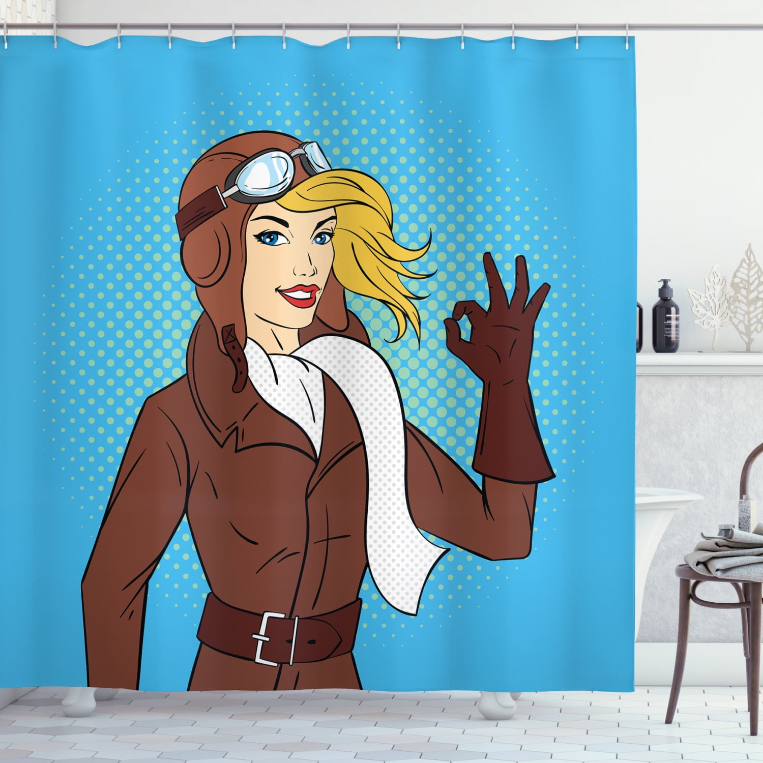 Pin up Girl Shower Curtain, Funky Pop Art Style Illustration of Woman Pilot on Halftone Dotted