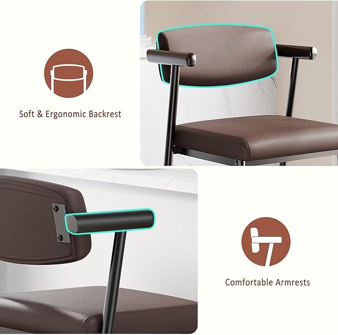 26 Inch Counter Height Bar Stools Set of 4, Modern Faux Leather High Barstools with Back and Metal Leg, Bar Chairs for Kitchen lsland, Brown