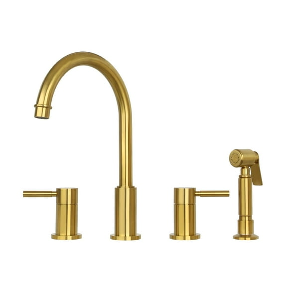 Akicon Two-Handles Copper Widespread Kitchen Faucet with Side Sprayer Brass Gold Glass Finish