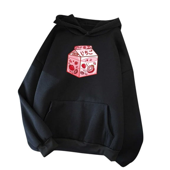 Fesfesfes Women Hooded Cute Loose Strawberry Print Casual Full-Sleeve Tops Hooded Pocket Sweatshirts Pullover or