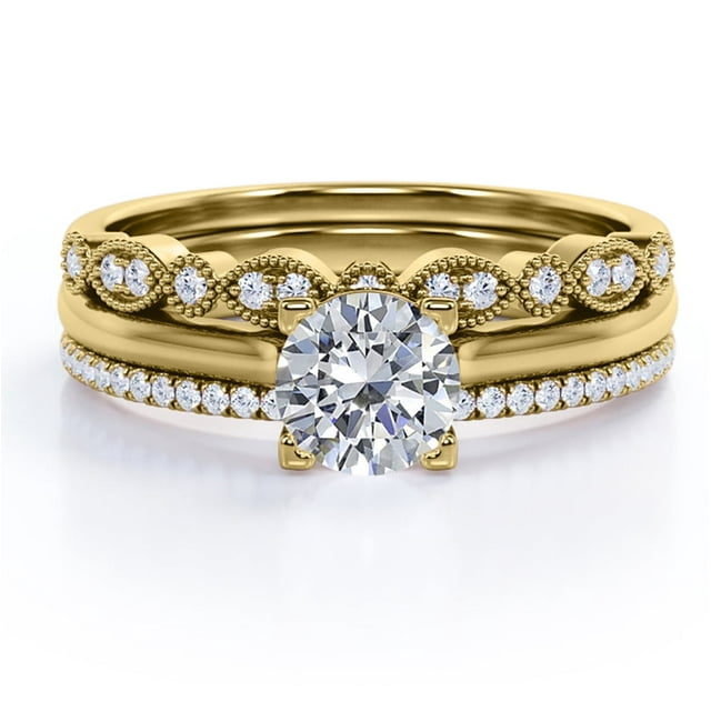 JeenMata Anillo Compromiso 2 Quilates Corte Redondo, Filigrana Milgrain Art Déco, Engaste Pavé 4 Puntas, Juego Trío Anillos Nupciales, Baño Oro Amarillo 18 K sobre Plata