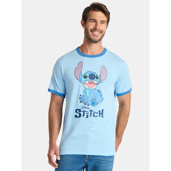 Disney Men's Stitch Blue Ringer Tee with Short Sleeves, Sizes S-2XL