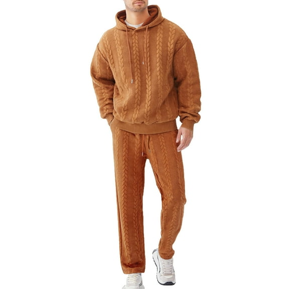 Mens Solid Classic Two-Piece-Sets Sweatshirt Long Sleeve Pullover Sweater Blouses Thermal Flannel Warm Tops Drawstring Elastic Waist Sweatpants Beach Travel Vacation Outfits