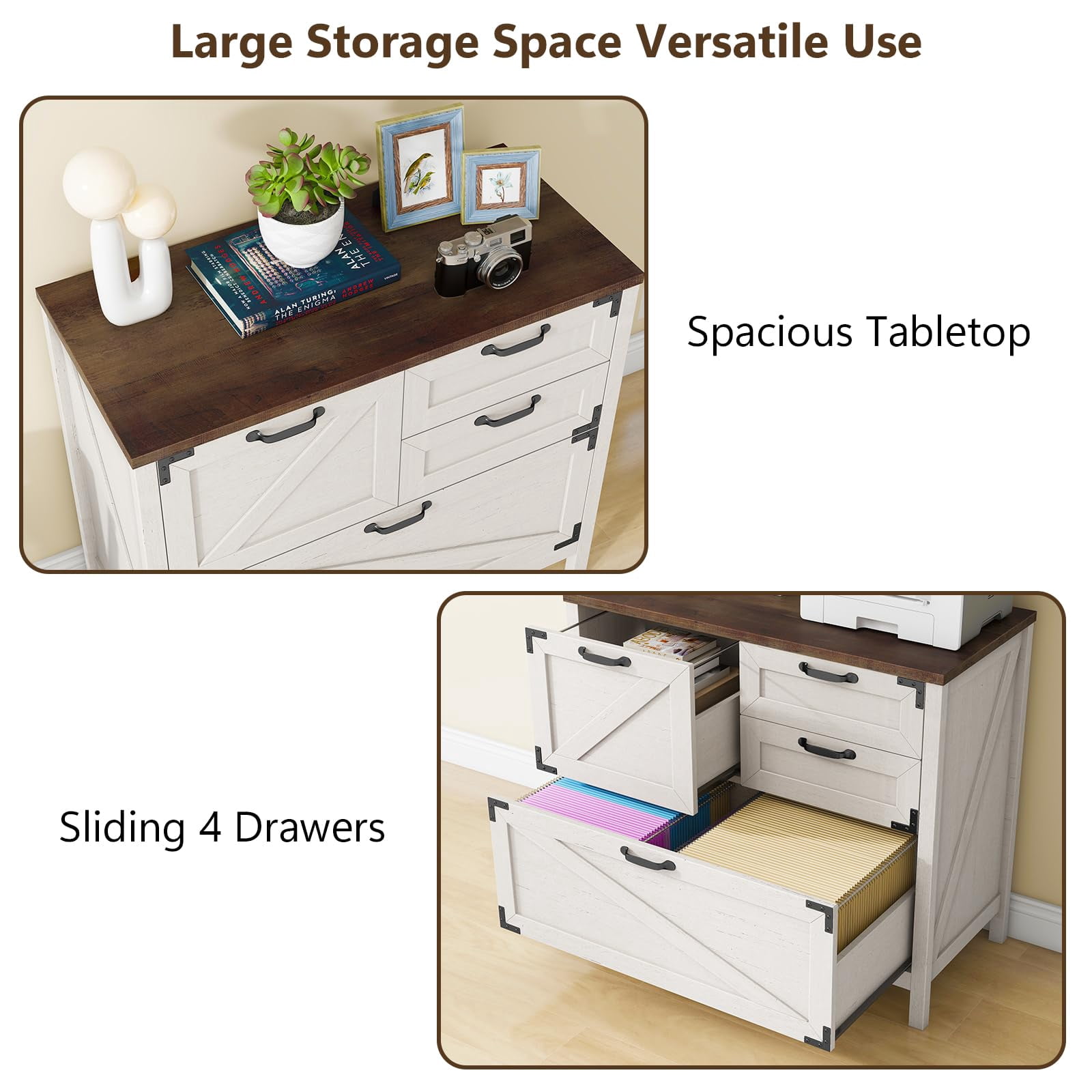 Vabches Large Lateral File Cabinet with 4 Drawers for Home Office, Wood Rustic Filing Cabinet Suitable for Letter/Legal/A4 Size Files, Printer Stand, White