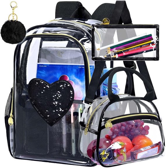 Black Transparent Backpack Set for Girls – Reversible Sequin See Through Bookbag with Gold Zipper, Heavy Duty 17" Clear School Bag & Pouch