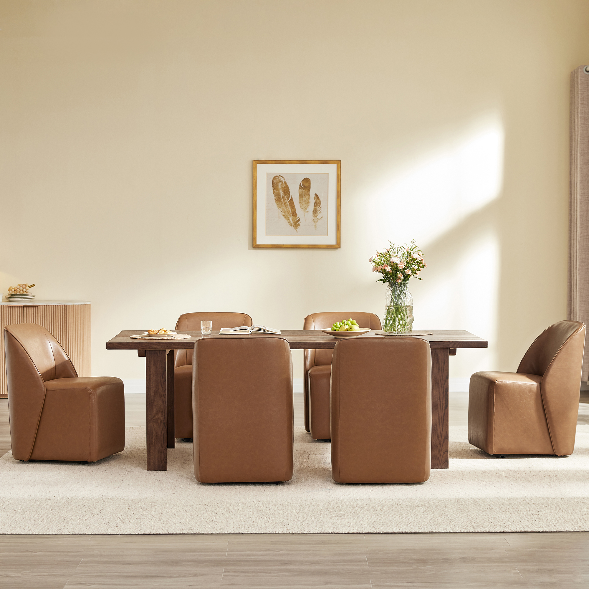 Spruce & Spring Rolling Upholstered Dining Chair with Smooth Hidden Casters Set of 2, Saddle Brown