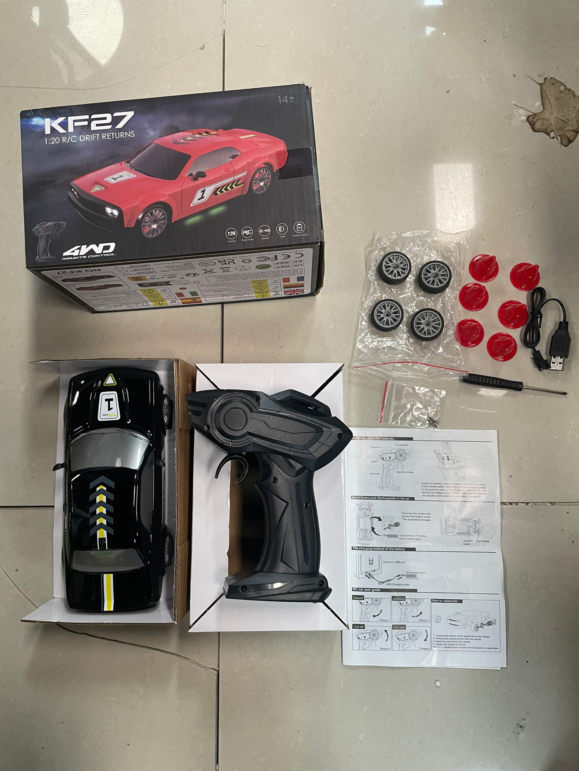 Car 1/20 Remote Control Drift Car 2.4GHz Fully Proportional Remote Control Car 4WD Race Drifting Cars Toy With Cool Lights Drift Tires, Racing Tires Replaceable-Red, 2 Battery