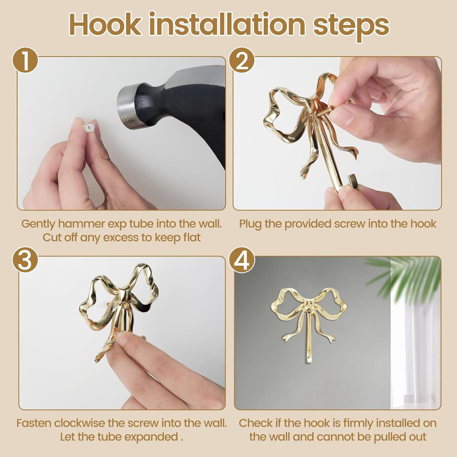 Command Hooks - Qyaukm 4-Pack Bow Shaped Hooks, Decorative Brass Wall Hooks for Towels, Hats, Bags, Keys, Bathroom Bedroom Living Room, Gold Bow Hangers S, 4X Brass Bow Hooks