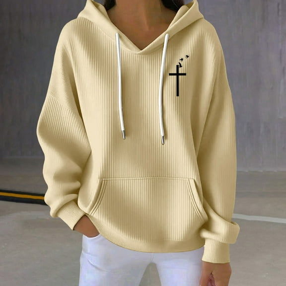 Women's Solid Color Ribbed Hooded Sweatshirt, Thick Pullover with Adjustable Drawstring and Pockets, Soft Cotton Blend Casual Streetwear for Spring, Autumn and Daily Wear Beige L