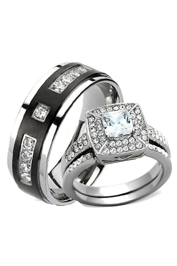 Halo Black Titanium Diamond Wedding Engagement Ring Set, 316L Stainless Steel, Women's 10 Men's 9