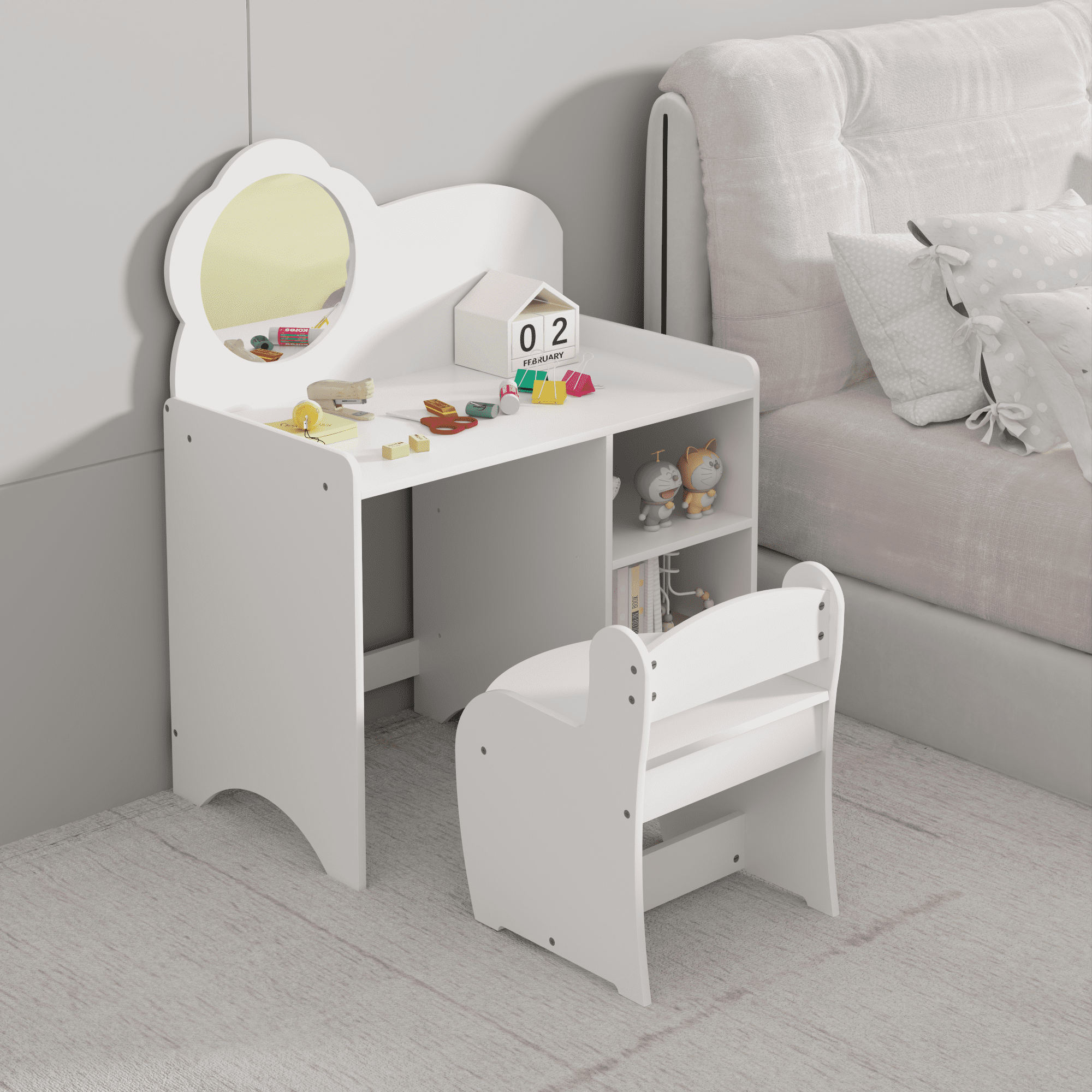 Kids Vanity Table with Mirror,Wooden Dressing Makeup Desk with Storage Shelves with Chair,Study Table for Bedroom,White