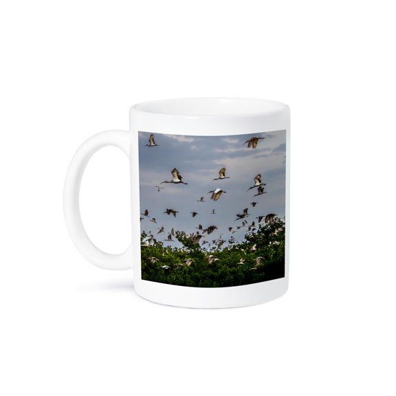 3drose, Adult and Juvenile White Ibis Leaving Roost. South Florida., 15oz Mug