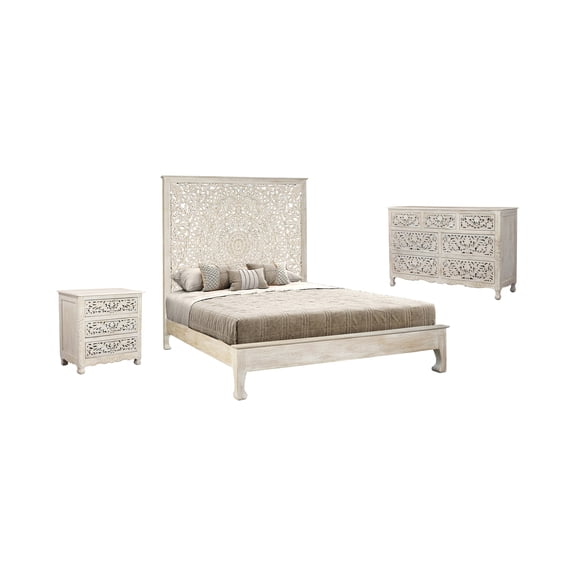 Taran Designs Gianna 3-piece Floral Carved Solid Wood Bedroom Set in White