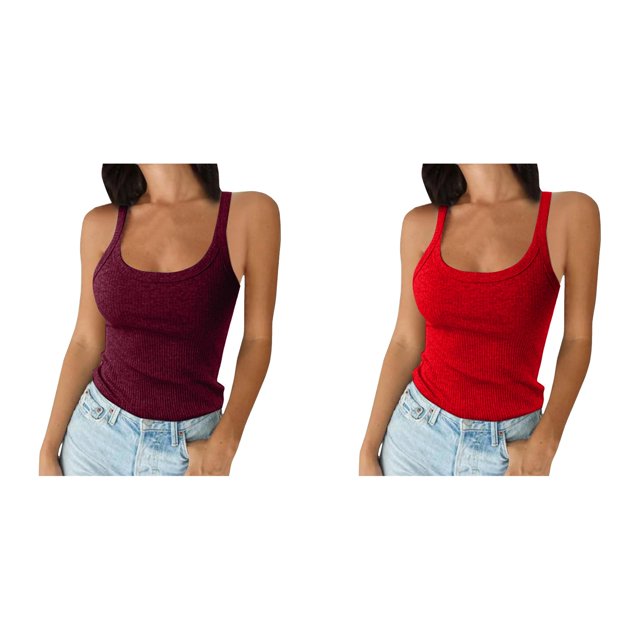 2 Pack(Red 1PCS & Brick Red 1PCS) Mens Running Multipack Women Spaghetti Strap 3 Tall Women Neck Ribbed Tank Tops Slim Fitted Camisole Basic Sleeveless Layering Shirts