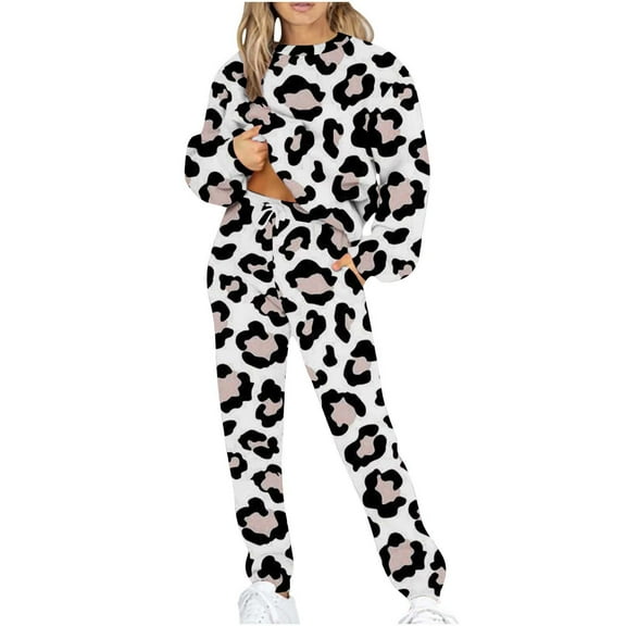 Elainilye Fashion Sweatsuits for Women Casual Print Long Sleeve Round Neck Sweatshirt Top and Pants Set Two Piece Outfits,Gray