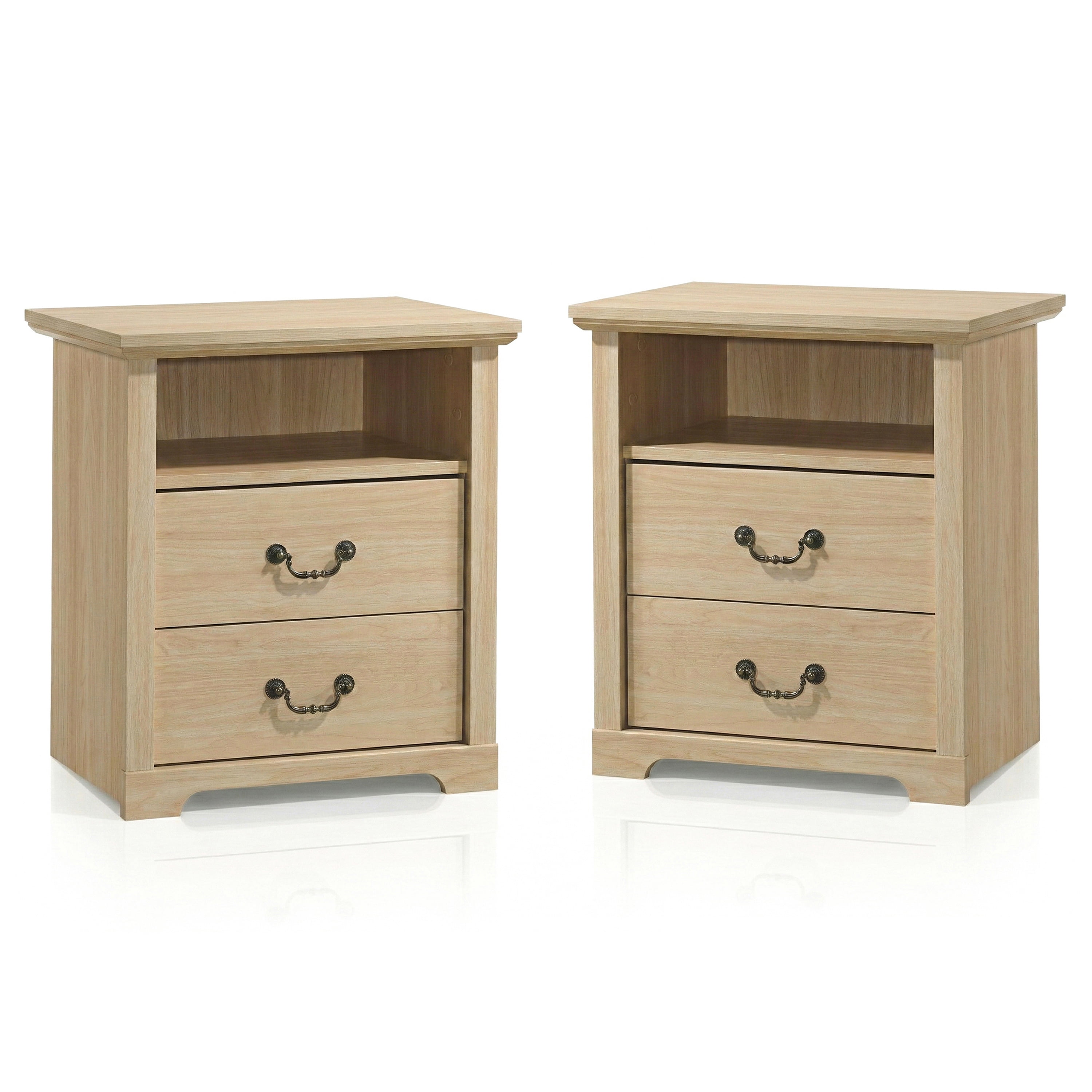 Furniture of America Chara Modern Wood 2-Drawer Nightstands with Open Top Shelf, Set of 2, Distressed Oak
