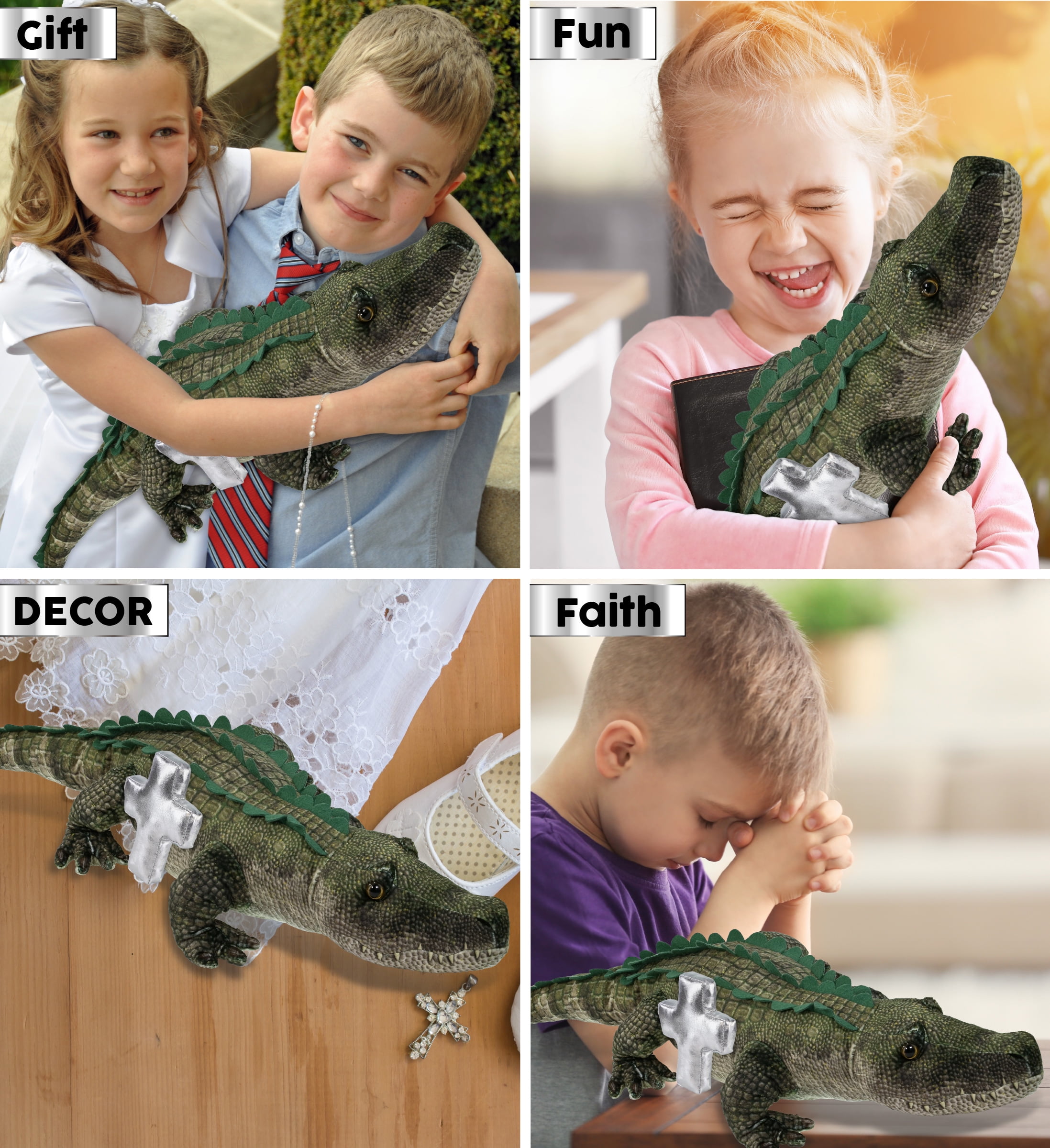 DolliBu Wild Collection Alligator Stuffed Animal with Silver Cross Plush - Religious Baptism Gifts for Boys and Girls, Dedication Christening Gifts Plush Prayer Toy Healing Stuffed Animal - 28 Inches