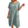 thumbnail image 2 of NTACZA Casual Dresses for Women Shift Cotton Lien Short Sleeve Round Neck Midi Side Button Loose with Pockets Solid Casual Vacation Beach Gray L, 2 of 6