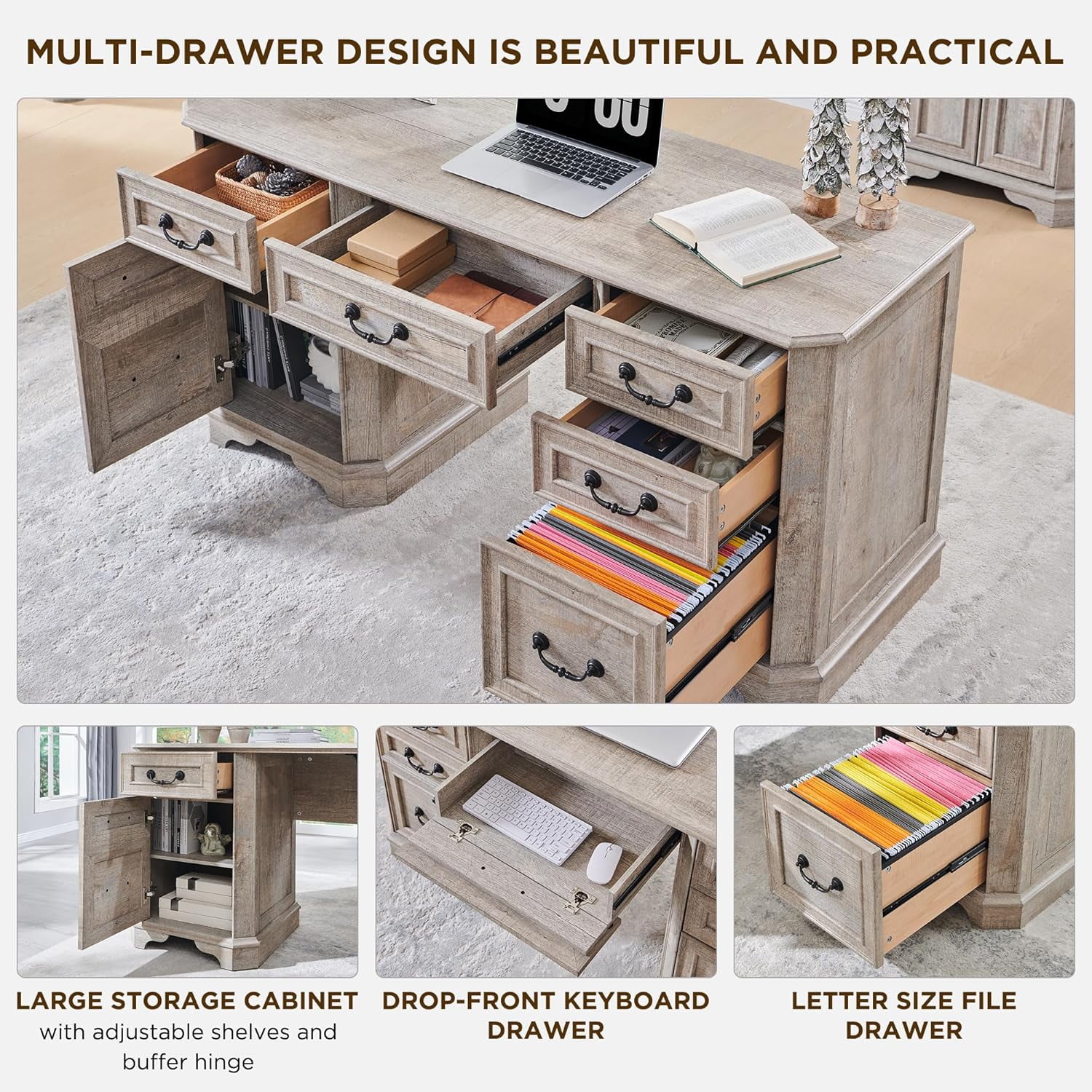 OKD 59" Farmhouse Office Desk，Rustic Desk - Engineered Wood，Corner Desk Charging Station，File drawer，For Study & Living Room Use