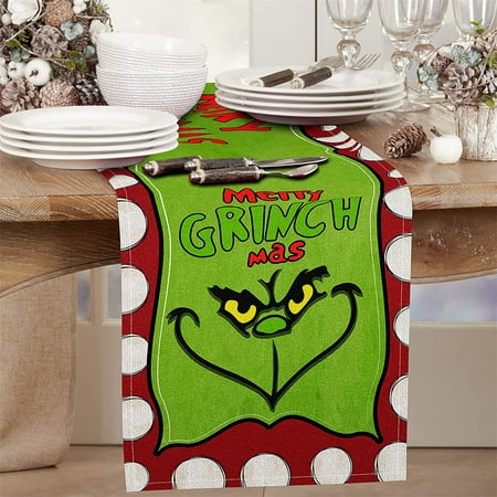 

Linen Green Christmas Table Runner Merry Grinchmas Tablecloth Christmas Xmas Winter Holiday Home Kitchen Table Decorations 13x107 Inch