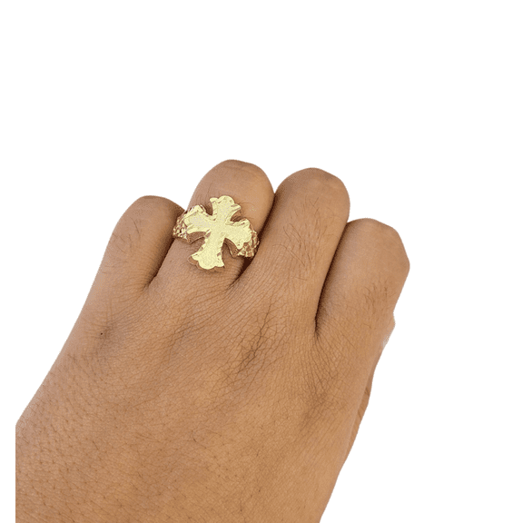 Real 10k Men Nugget Cross Ring Yellow Gold 10Kt Genuine (Size:7;)