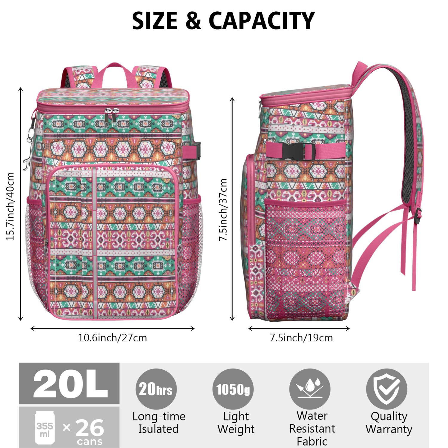 Travel Cooler Bag - Boho Bohemia Pioneer Flower Geometric Line Art Camping Beer Cooler Backpack with Bottle Opener- Waterproof Insulated Picnic Backpacks - Cooler Bag for Beach