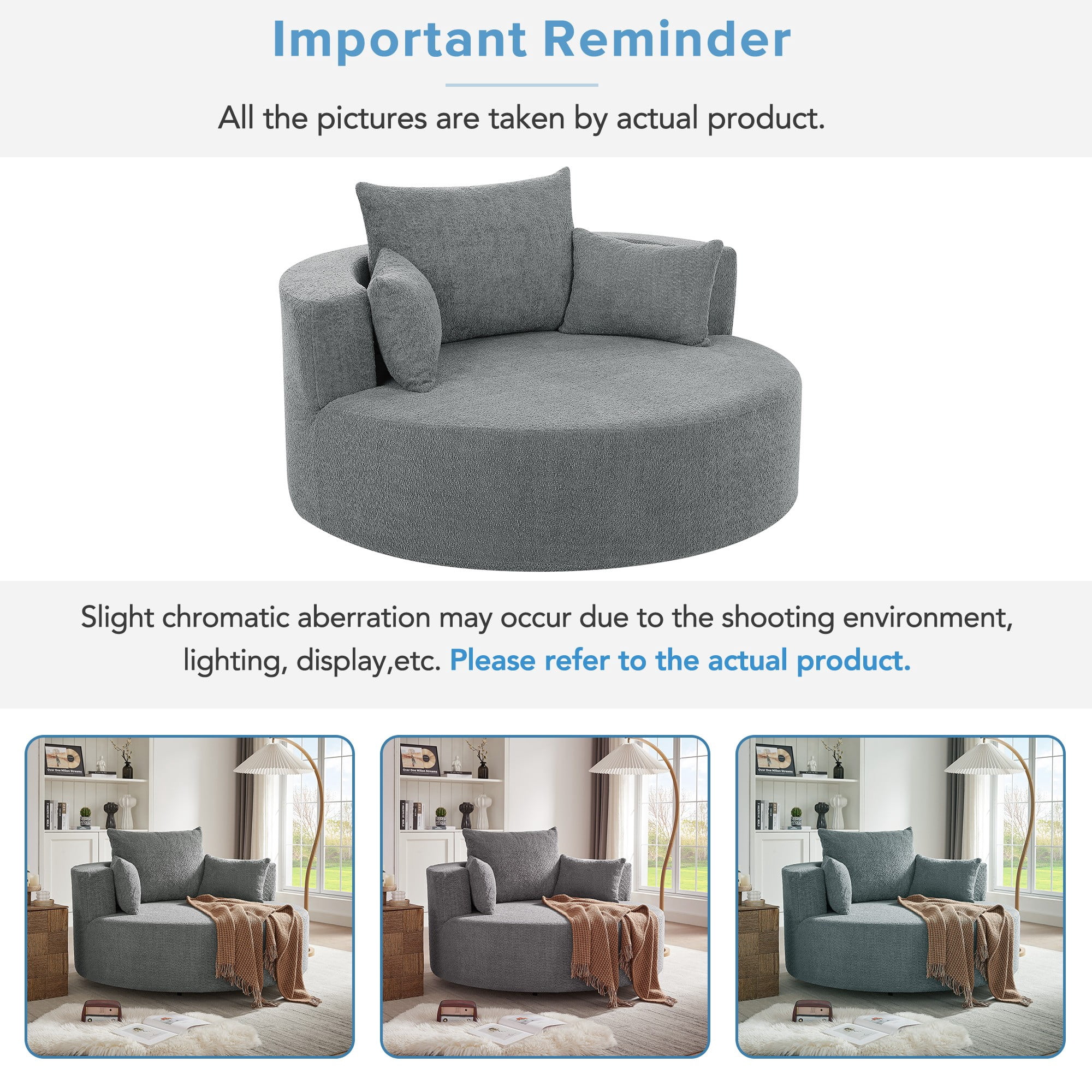 Swivel Round Sofa Couch Sofa Bed,360° Swivel Chair Accent Barrel Chair with 3 Removable Pillows for Living Room, Bedroom,Grey