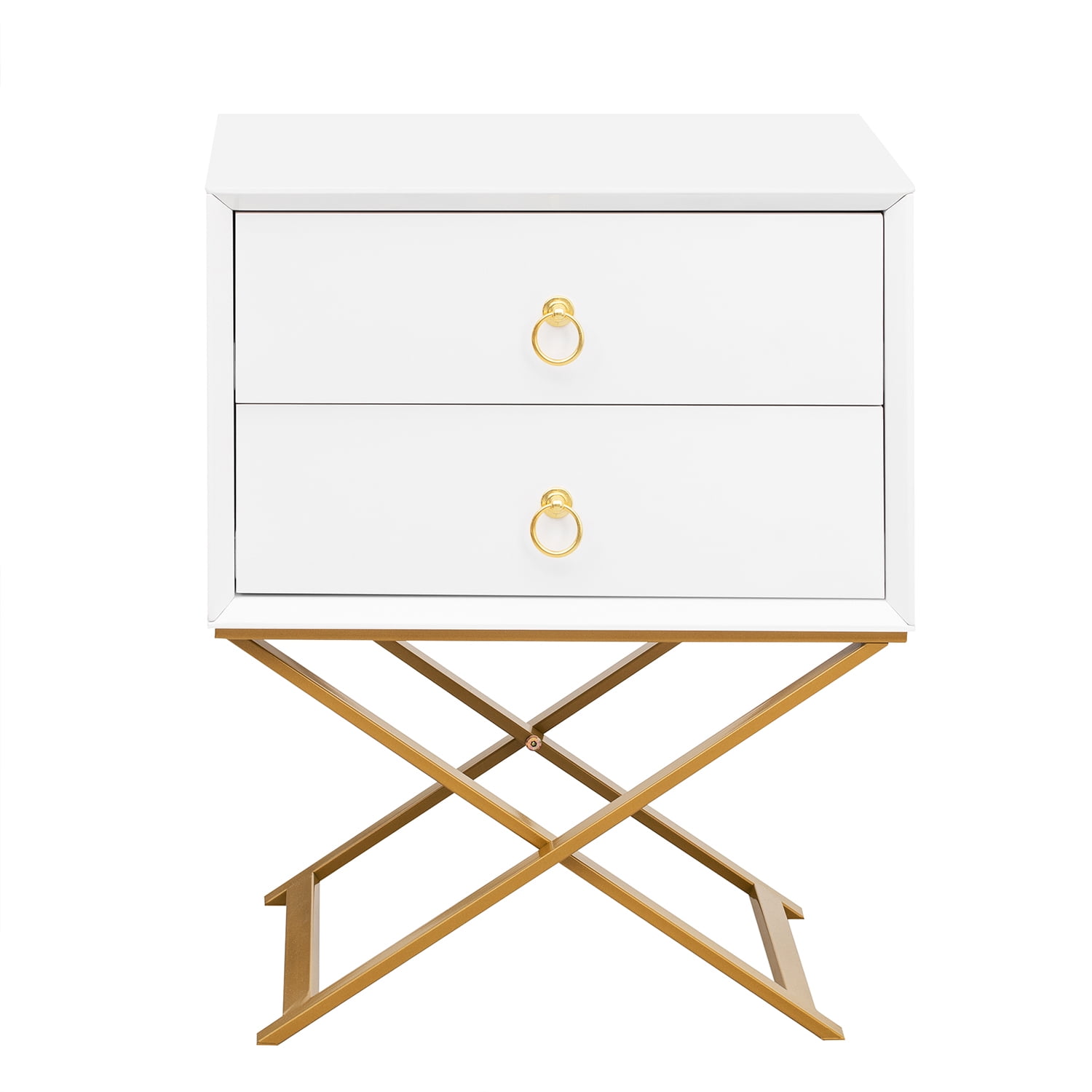 Kadyn Wood Nightstand with 2 Drawers and Golden Handle, Storage Bedside Table, Side Table for Living Room and Bedroom, White