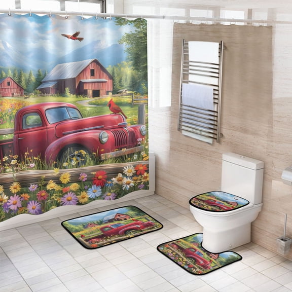 Ryvnso 4 Pcs Cardinal Bird Farm Bathroom Shower Curtain Set with 12 Hooks Bath Mat Toilet Lid Cover