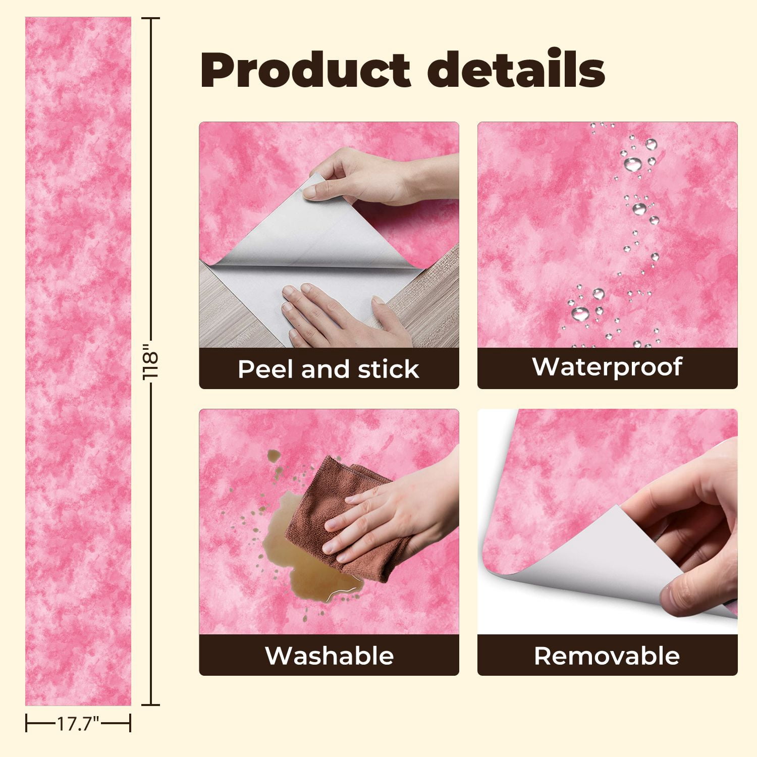 Peel and Stick Wallpaper Soft Pink Abstract Watercolor Gentle Hues Wall Mural 17.7in x 9.8ft Self Adhesive Removable Wall Paper Renter Friendly Wallpaper for Nursery Bedroom Cabinets