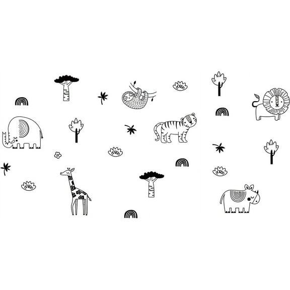 Animal Wall Stickers Safari Tiger Lion Decor Woodland Animal Giraffe Elephant Art Jungle Tree Vinyl Wall Decals for Kids Bedrooms Nursery Baby Room Play Room Kids Room Black and White 1set
