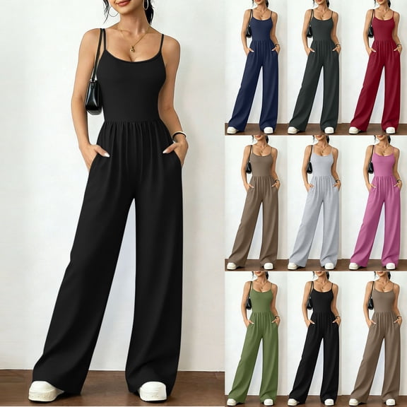 YTCAMLO One Piece Jumpsuits for Women Fashion Sleeveless Scoop Neck Ruched Summer Romper with Pockets Flowy Wide Leg Workout Jumpsuits