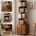 thumbnail image 2 of LUMAMIN 5 Tier Rotating Bookshelf with Wheels, 360 ° Display Corner Spinning Bookcase Tower with Cabinet, Narrow Wood Tall Floor Standing Swivel Book Shelf, Walnut, 2 of 11
