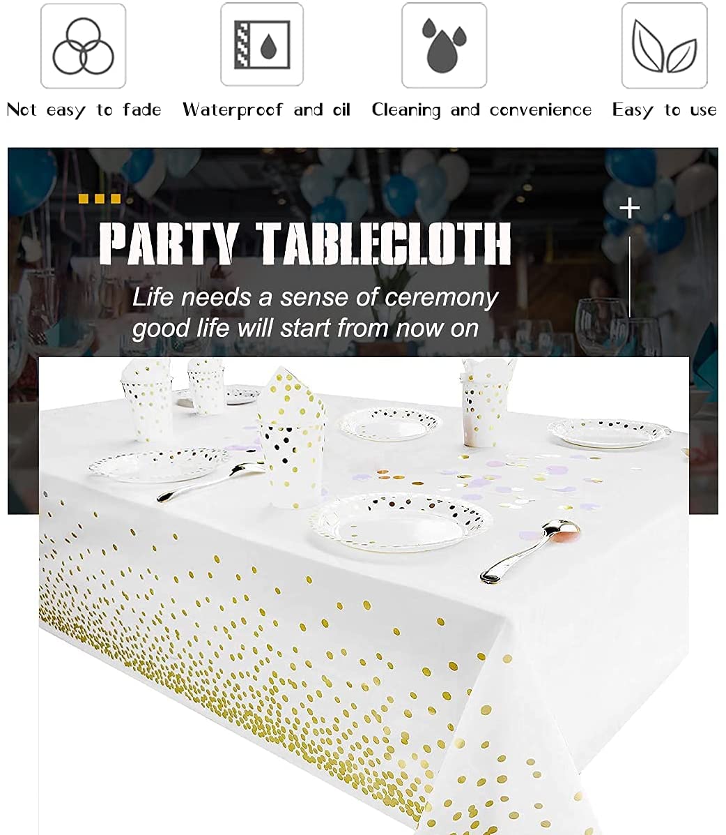 3 Pack White & Gold Dot Disposable Tablecloths – 54"x108", Waterproof PEVA, For Parties, Picnics, Christmas
