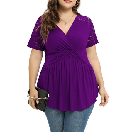 Daystry Plus Size Tunic Tops For Women Lace V-Neck Empire Waist Women Top Babydoll Blouse Purple-2X