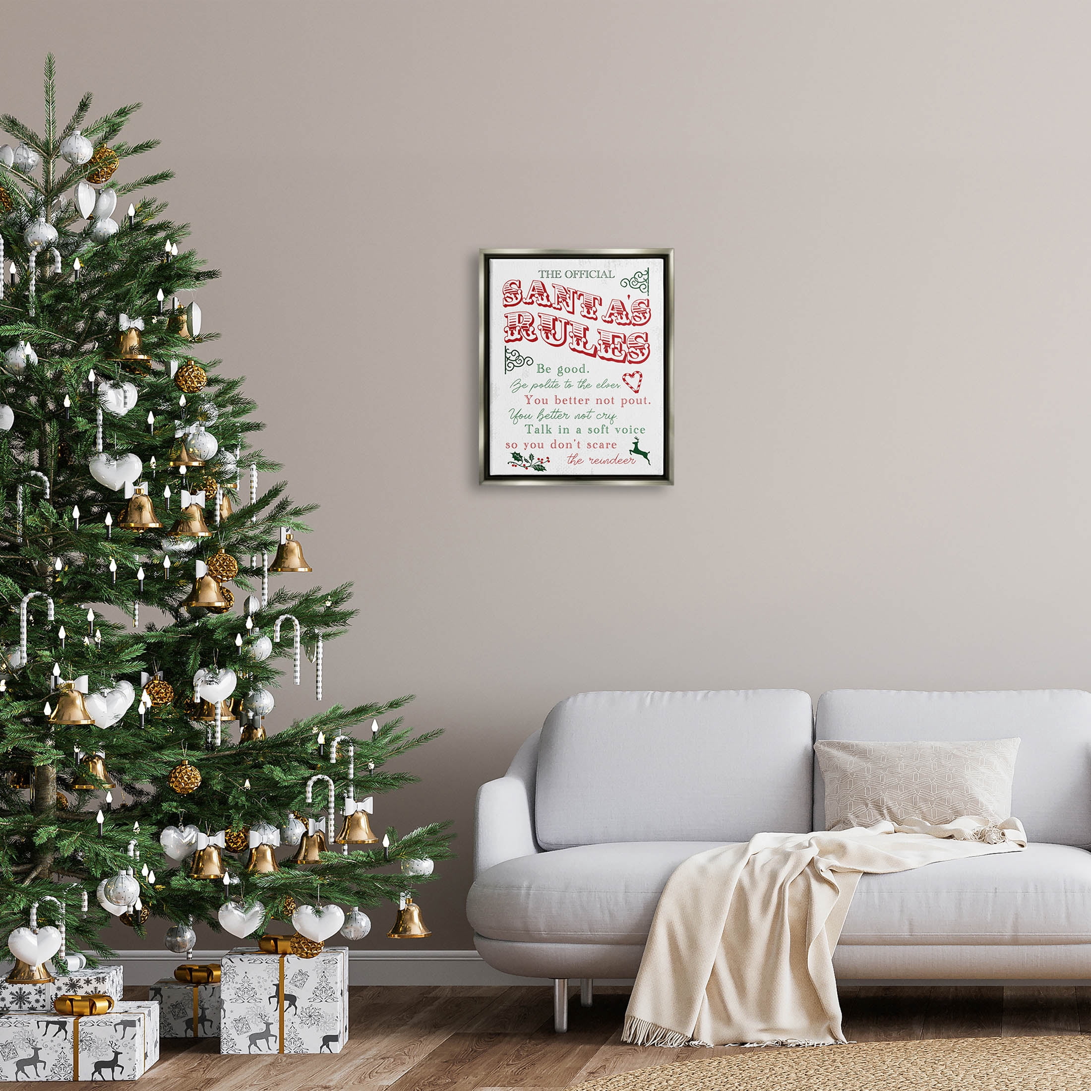 Official Santa's Rules Christmas List Holiday Graphic Art Luster Gray Framed Art Print Wall Art