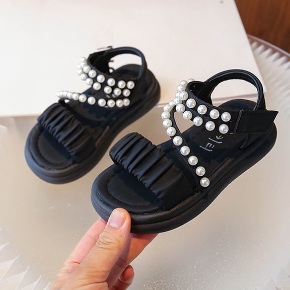 Girls Pearl Embellished Ruched Strap Chunky Sandals, Summer Shoes for Toddler Girls School Outdoor Sandals Black 11