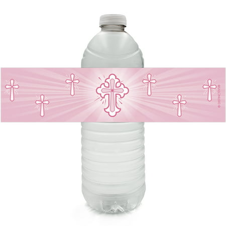 Baby Girl Baptism Water Bottle Labels 24ct - Religious Christian Pink Crosses - Christening First Communion Decorations Party Supplies - 24 Count Stickers