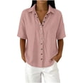 thumbnail image 3 of VBVC Women's Short Sleeve Button Down Shirt, Ladies' Loose Fit Collared Blouse, Casual Solid Color Tunic Top For Women,Pink,S-2XL, 3 of 7