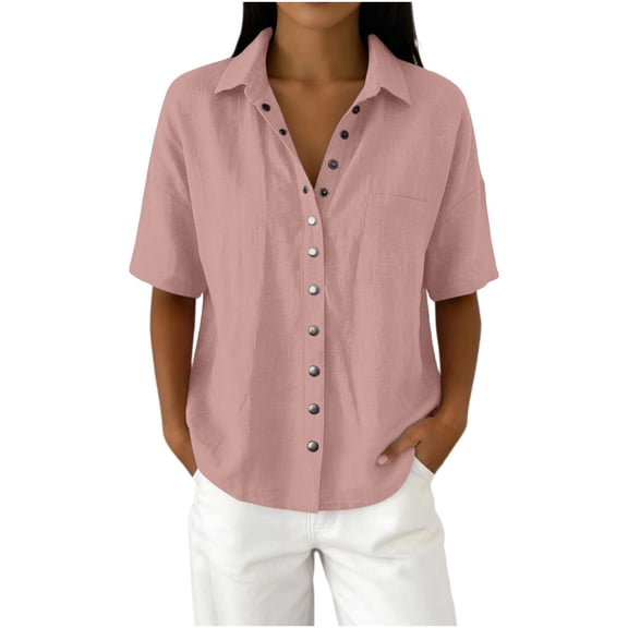 cocolona Womens Summer Linen Tops Lapel Short Sleeve Button Shirts Dressy Casual Loose Solid Color Blouses with Pocket
