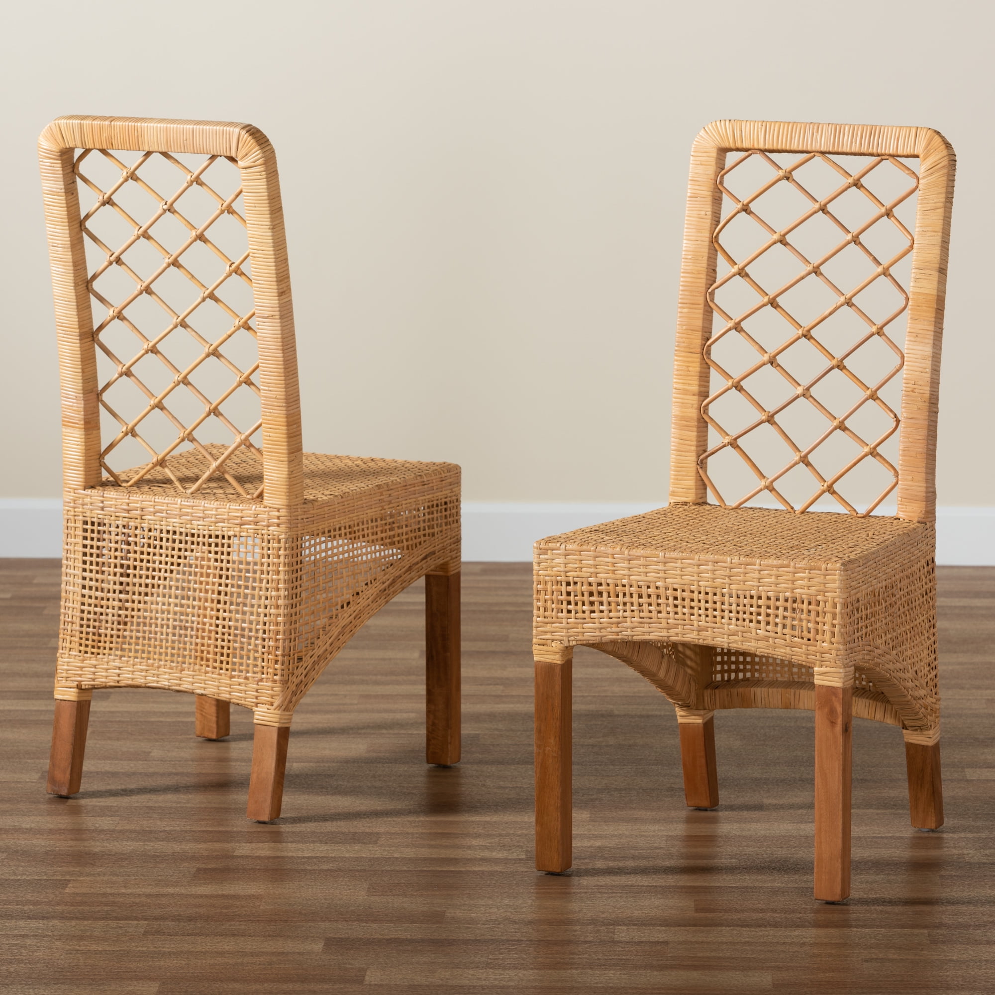 bali & pari Moscow Rattan and Mahogany wood BOHO Dining Chairs, Set of 2, Natural Brown
