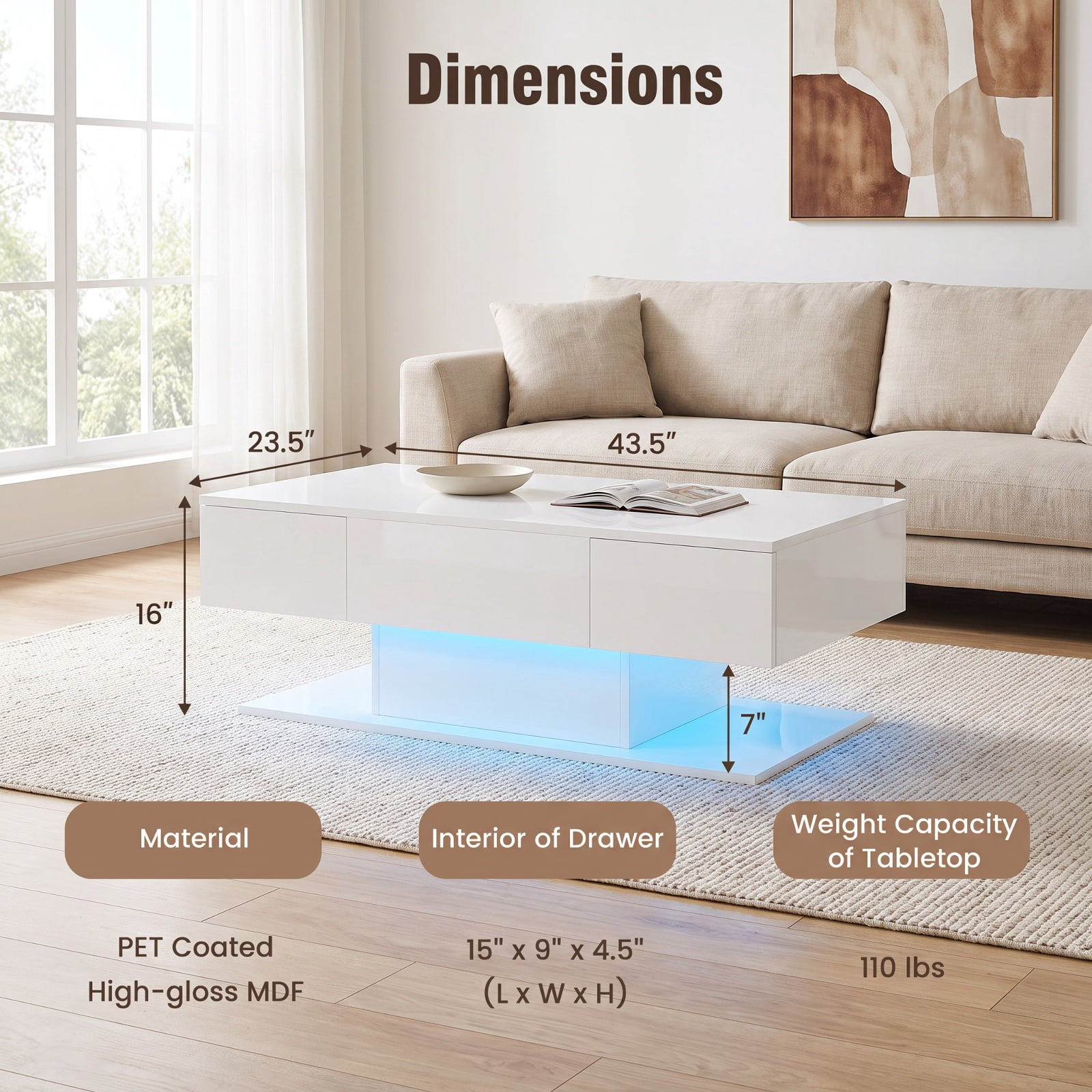 Furnibear Modern LED Coffee Table with 20 Color Lights Remote Control and 2 Push to Open Storage Drawers for Living Room, White