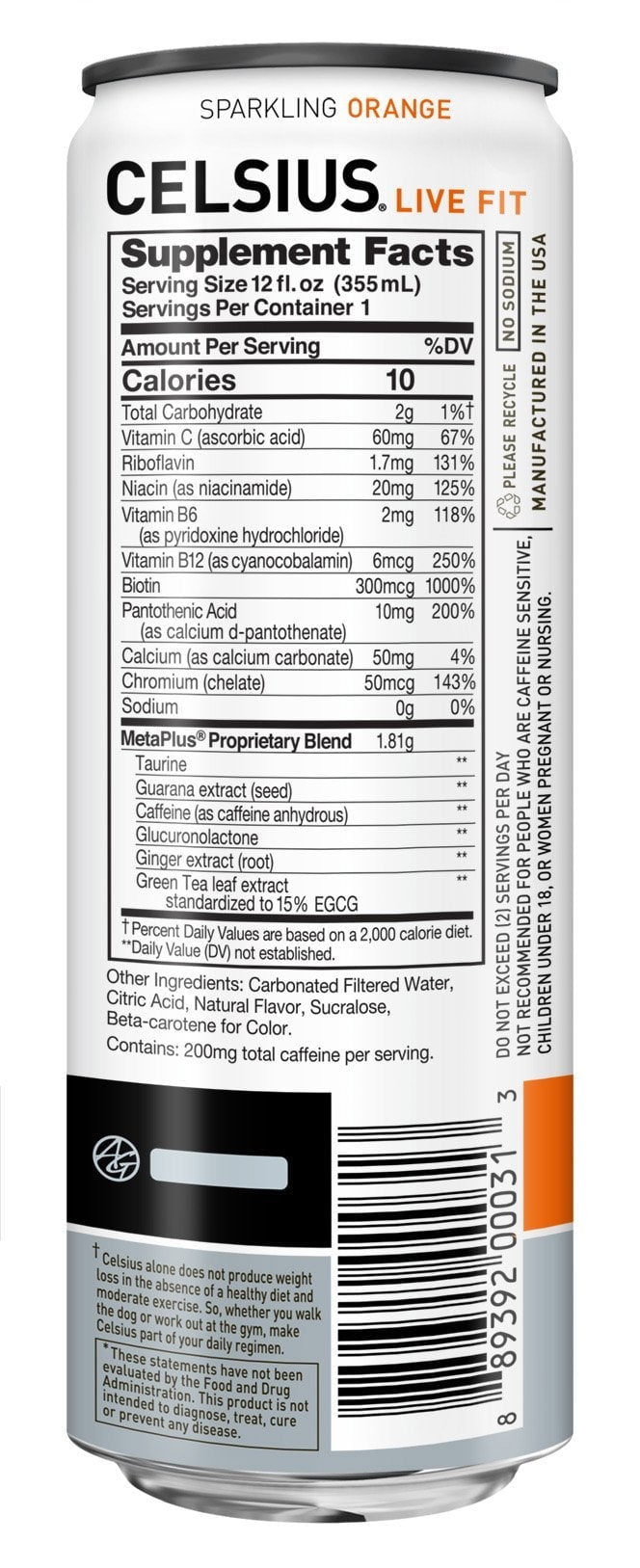 CELSIUS Sparkling Orange Fitness Drink, Zero Sugar, 12oz. Slim Can (Pack of 12)