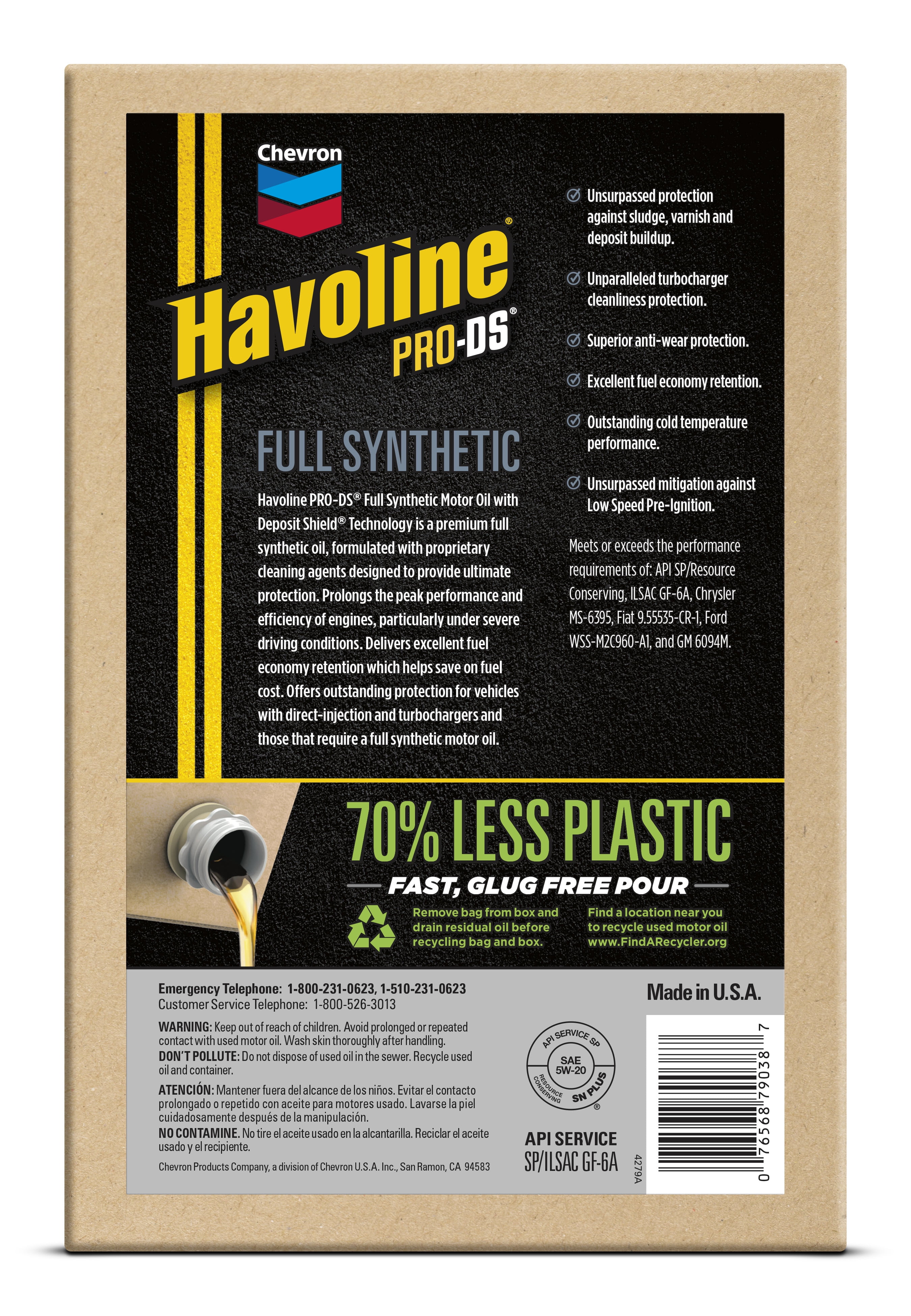 Chevron Havoline ProDS Full Synthetic Motor Oil 5W-20, 6 Quart